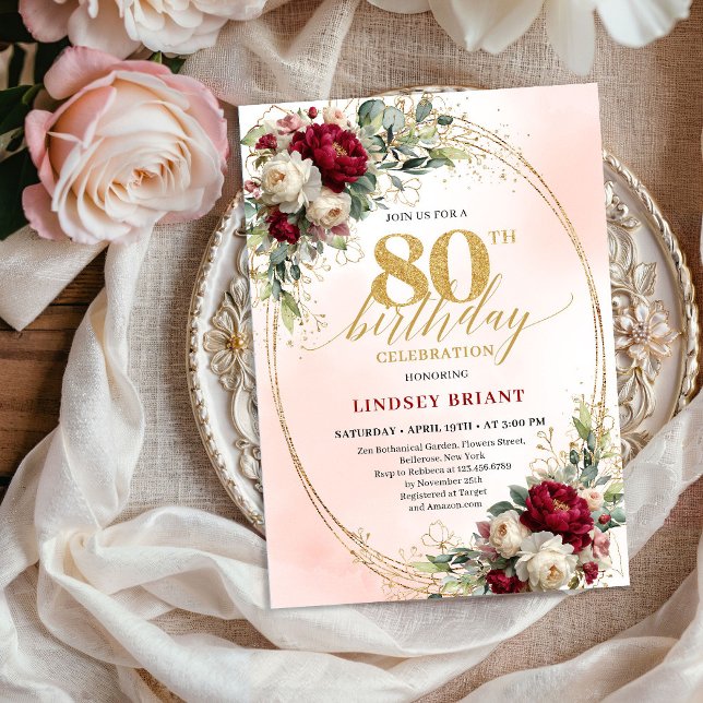 Elegant Burgunder Bohemisk Blommig 80-årsdag  Inbjudningar (Elegant Burgundy Bohemian Floral 80th Birthday Invite)