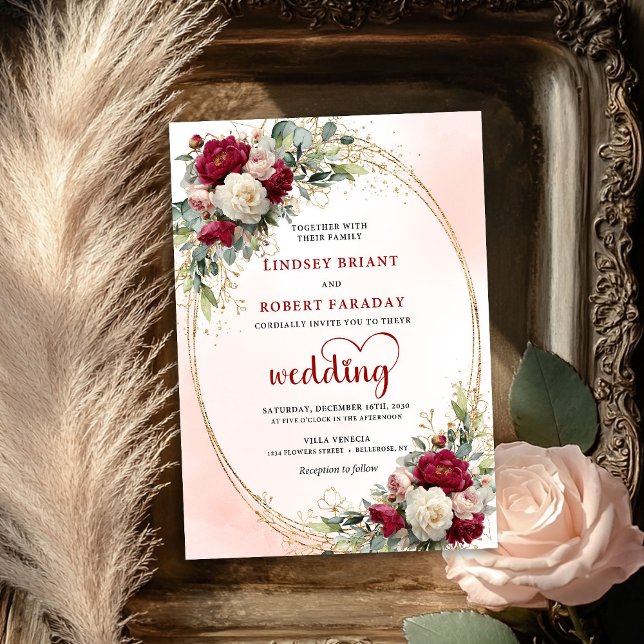 Elegant Burgunder Bohemisk Blommig Bröllopsinbjuda Inbjudningar (Elegant Burgundy Bohemian Floral Wedding Invitation)