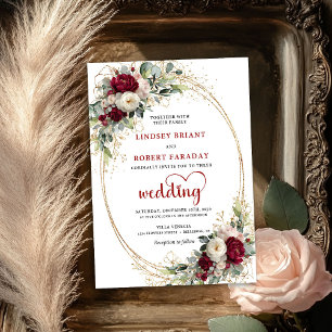Elegant burgunder boho blomster guld bröllopsinbju inbjudningar