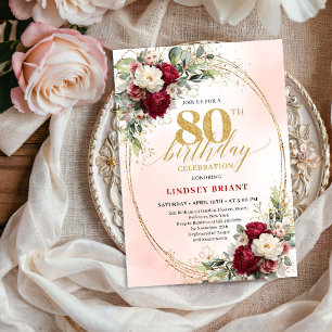 Elegant Burgunder Boho Botanisk 80-årsdag Inbjudningar