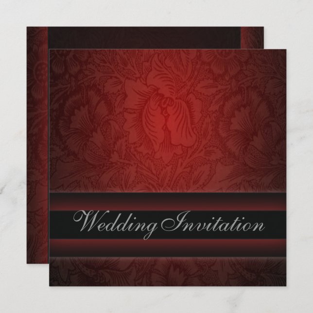 Elegant burgunder damast blomstermönstrat bröllops inbjudningar (Fram/baksida)