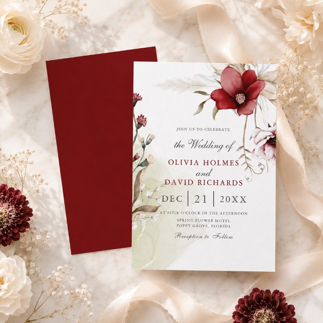 Elegant Burgunder Elfenbensvit Blommig Bröllopsinb Inbjudningar (Elegant Burgundy Ivory Floral Wedding Invitation)