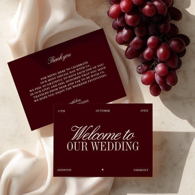 Elegant Burgunder & Elfenbensvit Bröllopshälsnings Inbjudningar (Elegant Burgundy & Ivory Wedding Welcome Card)