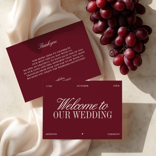 Elegant Burgunder & Elfenbensvit Bröllopshälsnings Inbjudningar (Elegant Burgundy & Ivory Wedding Welcome Card)