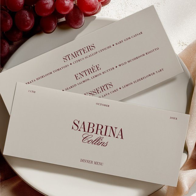 Elegant Burgunder & Elfenbensvit Bröllopsplatskort Meny (Elegant Burgundy & Ivory Wedding Place Card & Menu)