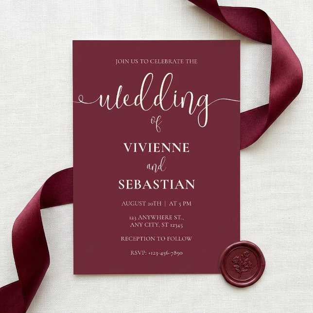Elegant Burgunder Elfenbensvitt Skript Minimalisti Inbjudningar (Elegant Burgundy Ivory Script Minimalist Wedding Invitation)