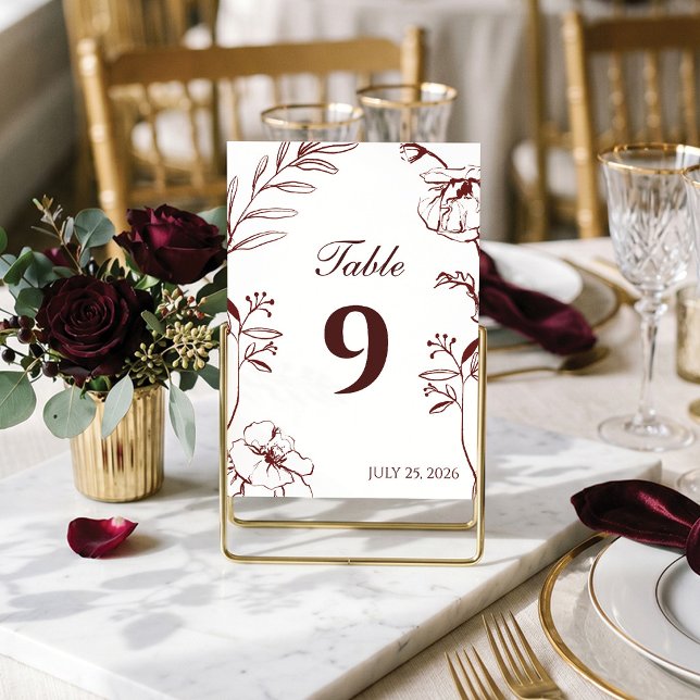 Elegant Burgunder Färg Blommig Linje Konst Bröllop Bordsnummer (Guide your guests beautifully! 🌹 Elegant Burgundy Floral Table Numbers. ✨)