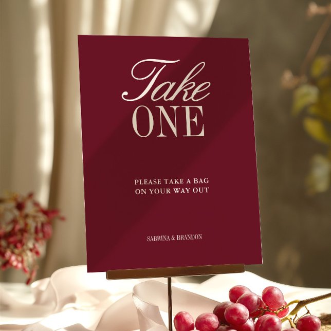 Elegant Burgunder Färg Take One Bröllopspresent Te (Elegant Burgundy Take One Wedding Favor Sign)