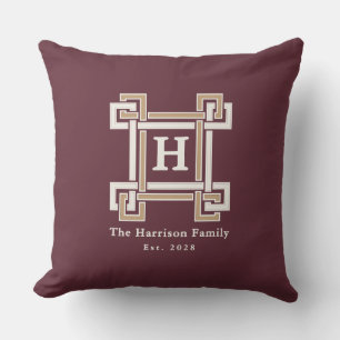 Elegant Burgunder Grekisk Nyckel Monogram Anpassad Kudde