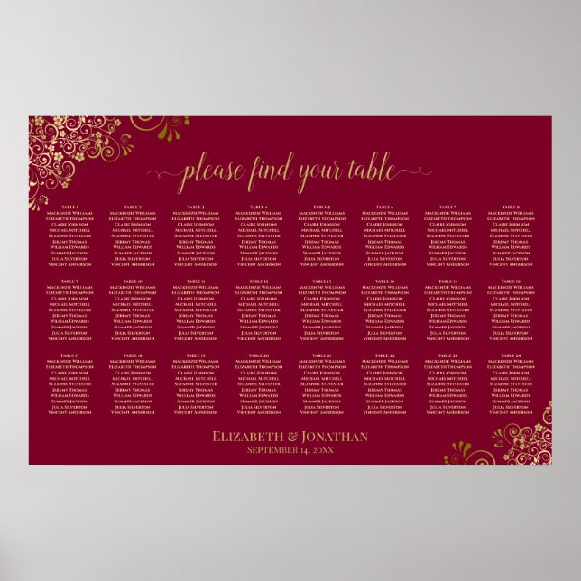 Elegant Burgunder & Guld 24 Bordsdisposition Poster (Framsidan)