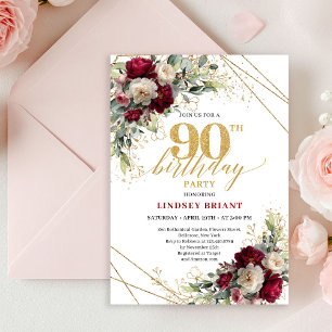 Elegant Burgunder Guld Blommig 90-års Födelsedagsi Inbjudningar