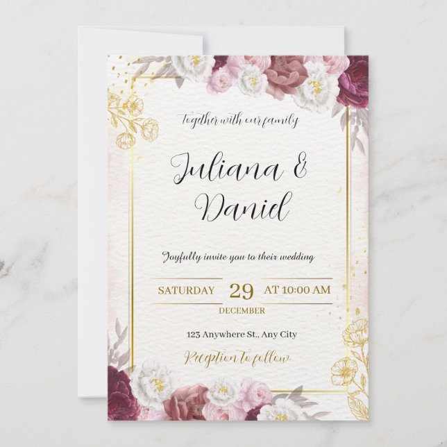 Elegant Burgunder & Guld Blommig Bröllopsinbjudan Inbjudningar (Framsida)