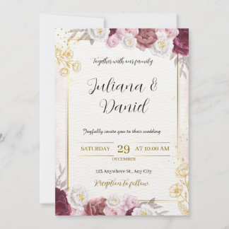 Elegant Burgunder & Guld Blommig Bröllopsinbjudan Inbjudningar