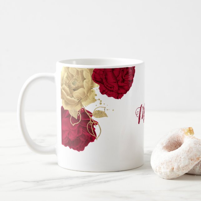 Elegant burgunder guld blommig  kaffemugg (Med munk)