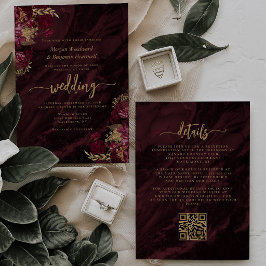 Elegant Burgunder Guld Blommig QR-kod Bröllop Inbjudningar