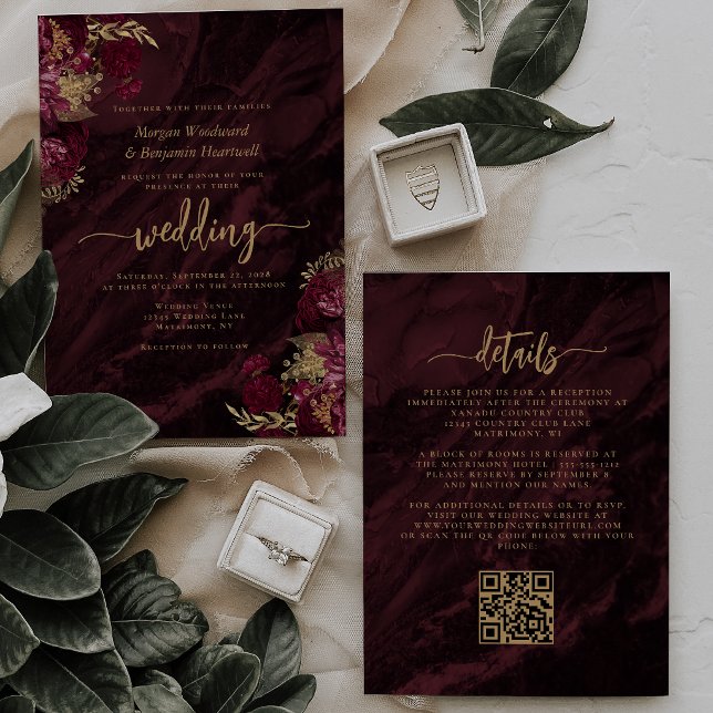 Elegant Burgunder Guld Blommig QR-kod Bröllop Inbjudningar (Skapare uppladdad)