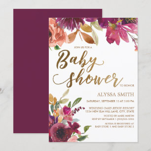 Elegant Burgunder Guld Blommig Skrift Baby Shower Inbjudningar