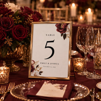 Elegant Burgunder Guld Bröllop Bordsnummer