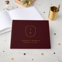 Elegant Burgunder & Guld Crest Monogram Bröllop