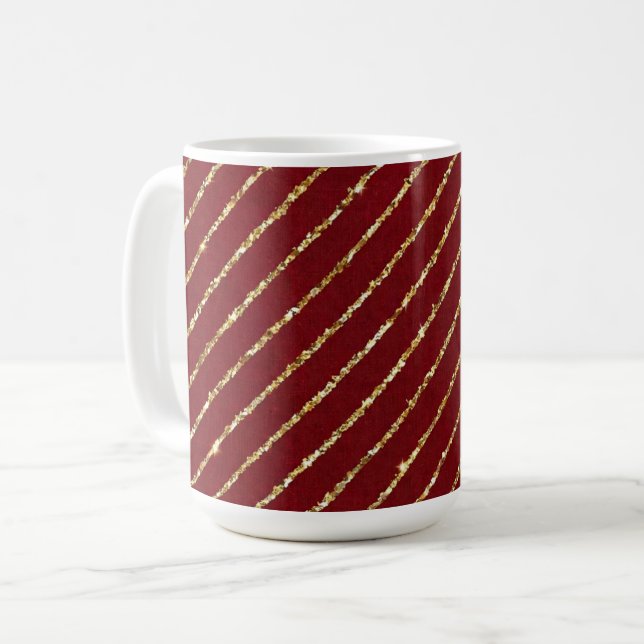Elegant Burgunder, Guld Glitter Randig Jul Kaffemugg (Framsida vänster)