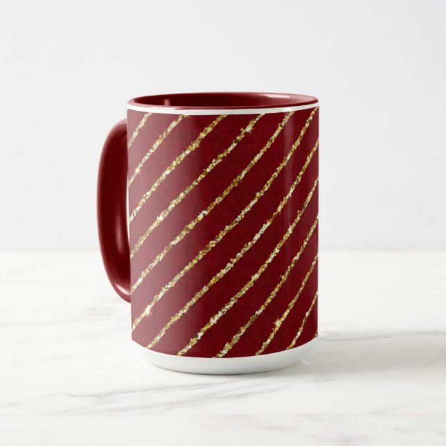 Elegant Burgunder, Guld Glitter Randig Jul Mugg (Framsida vänster)
