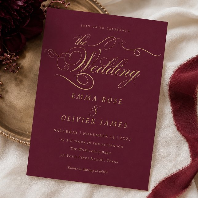 Elegant Burgunder Guld Kalligrafi Bröllop Inbjudningar (Elegant Burgundy Gold Calligraphy Wedding Invitation)