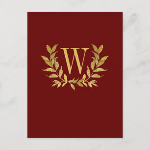 Elegant Burgunder Guld Monogram Bröllop Vykort