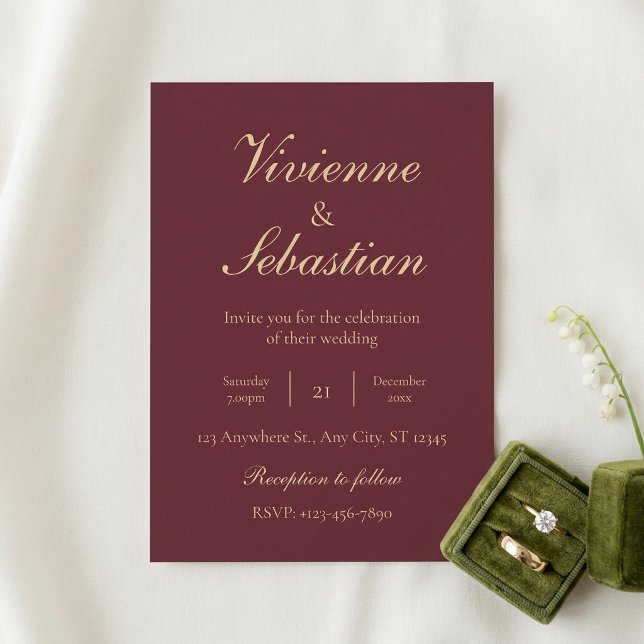 Elegant Burgunder Guld Skrift Minimalistisk Bröllo Inbjudningar (Elegant Burgundy Gold Script Minimalist Wedding Invitation)