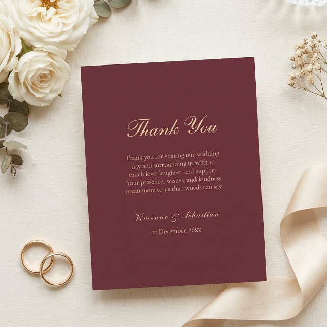 Elegant Burgunder Guld Skrift Minimalistisk Bröllo Tack Kort (Elegant Burgundy Gold Script Minimalist Wedding Thank You Card)