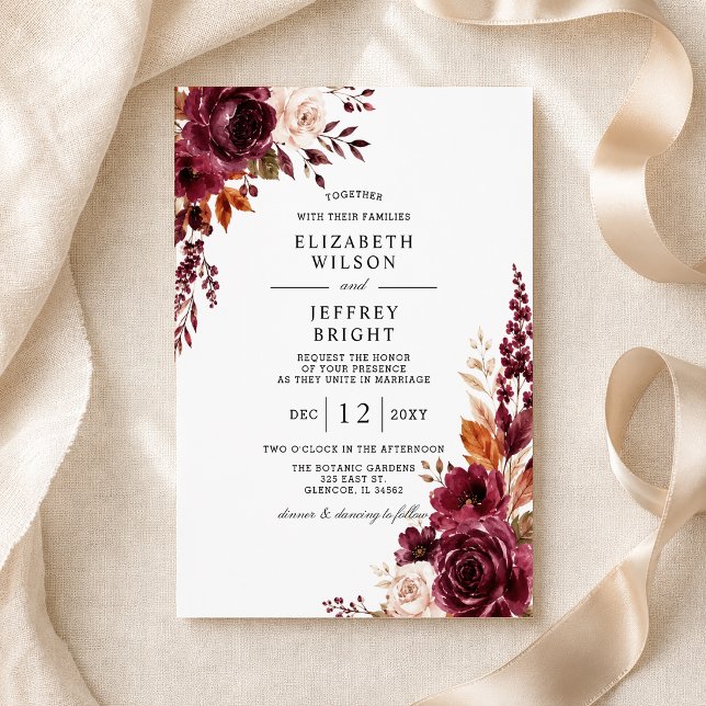 Elegant Burgunder Höst Blommig Bröllop Inbjudningar (Elegant Burgundy Fall Floral Wedding Invitation)