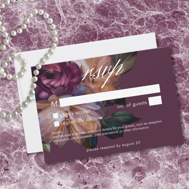 Elegant Burgunder Klassisk Dämpad Blommig Bröllop OSA Kort (Elegant Burgundy Classic Moody Floral Wedding RSVP Card)