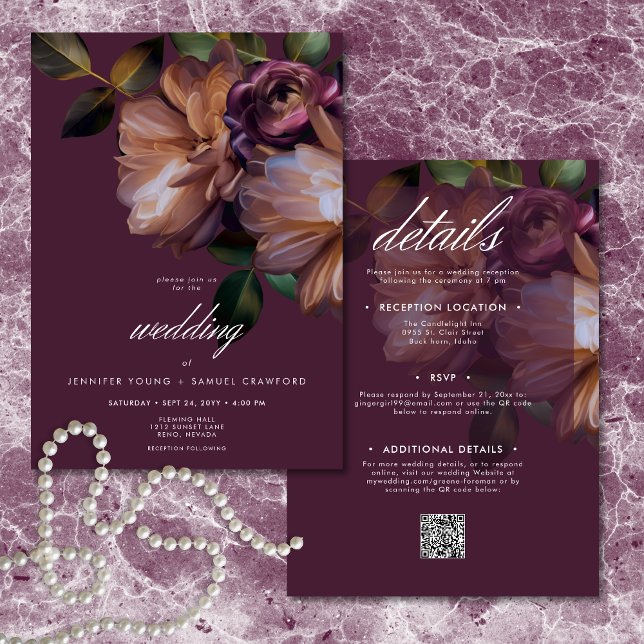 Elegant Burgunder Klassisk Dämpad Blommig Tvåsidig Inbjudningar (Elegant Burgundy Classic Moody Floral Two Sided Invitation)