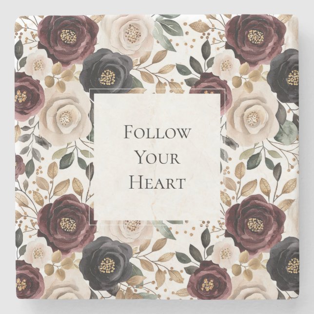 Elegant burgunder kräm blomsterg stenunderlägg (Framsidan)