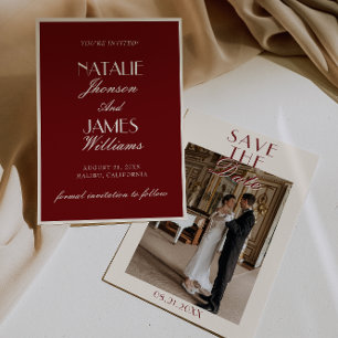 Elegant Burgunder Kräm Gammalt Pengar Foto Bröllop Spara Datumet