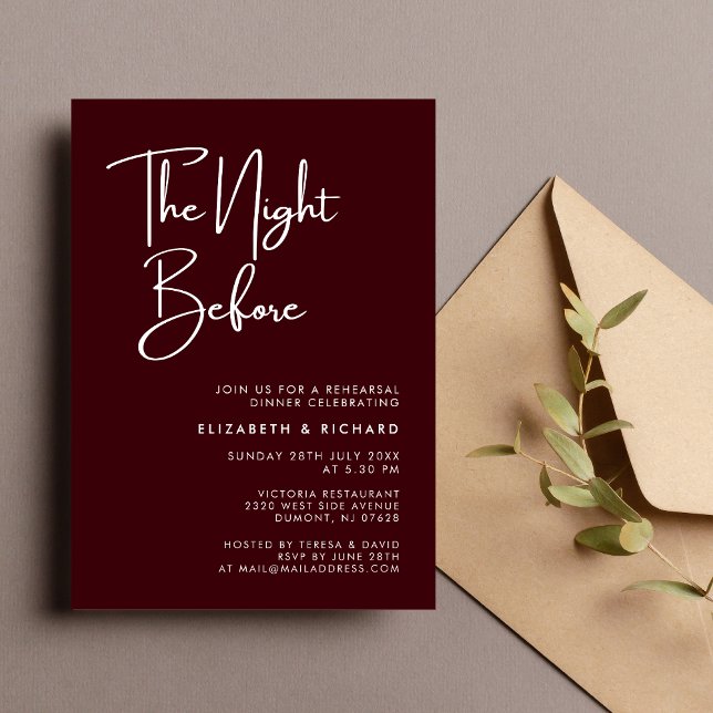 Elegant Burgunder Kvällen Före Övningsmiddagen Inbjudningar (Elegant burgundy night before rehearsal dinner invitation creates a warm, intimate pre-wedding vibe.)