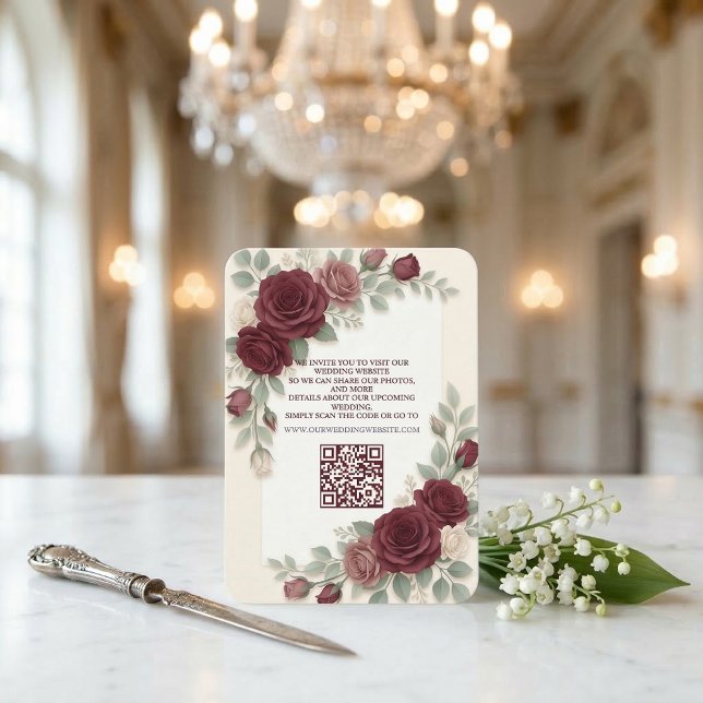 Elegant Burgunder Modern QR-kod Bröllop Tilläggskort (Skapare uppladdad)