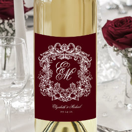 Elegant Burgunder Monogram Teckning Vintage Bröllo Vinflaska Etikett