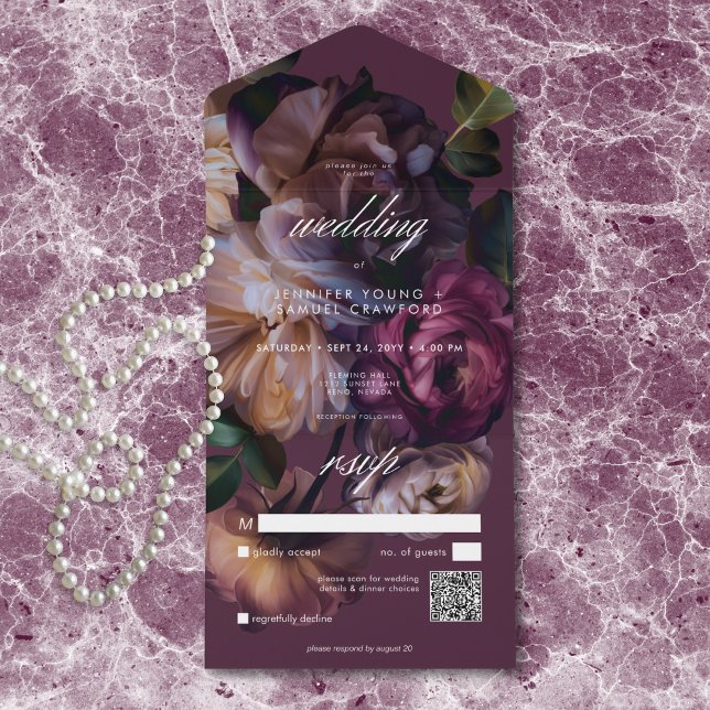 Elegant Burgunder Mörk Blommig Bröllops QR-kod (Skapare uppladdad)