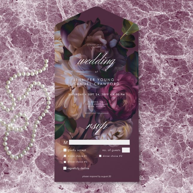 Elegant Burgunder Mörk Blommig Bröllopsmiddag (Elegant Burgundy Moody Floral Wedding Dinner All In One Invitation)