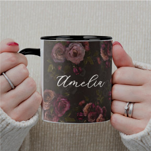 Elegant Burgunder Mörkt Rosa Blommönster Mugg