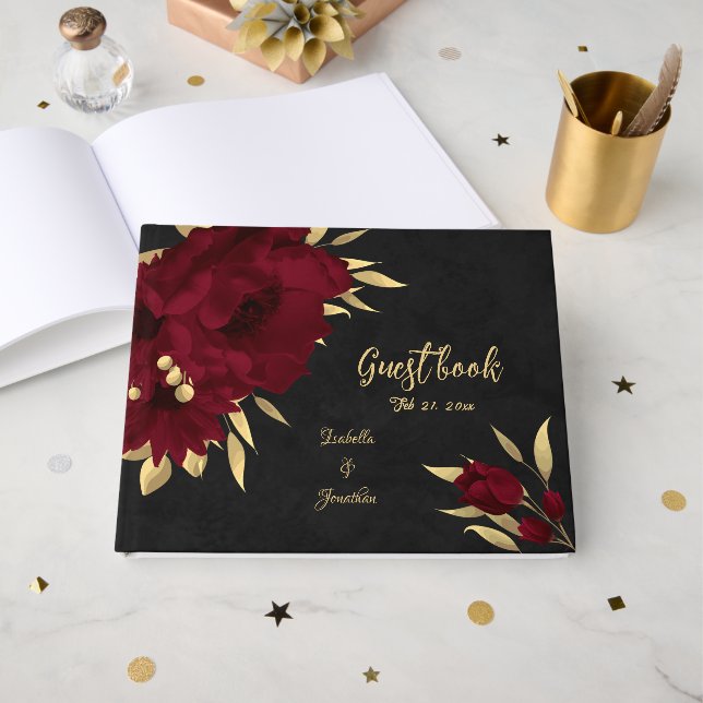 Elegant burgunder och guld svart bröllop gästböcker (Framsida Öppen)