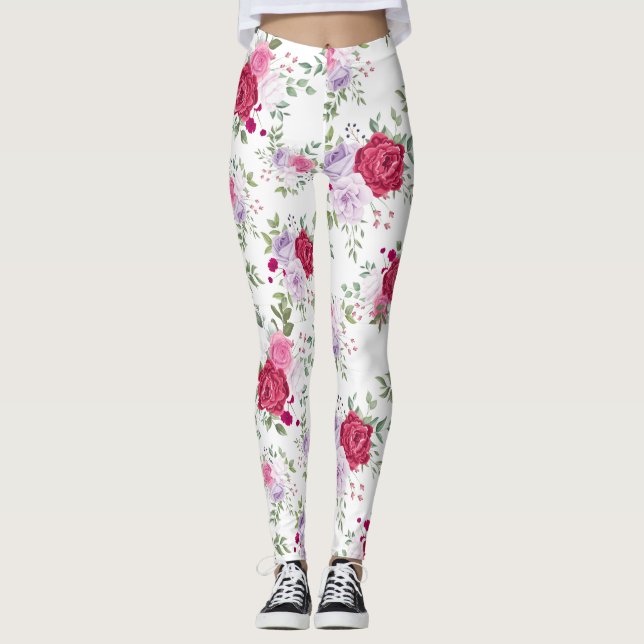 Elegant burgunder och lavendel blomsterträdgårdsmö leggings (Framsida)