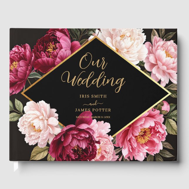 Elegant burgunder och rosaktiga peon blomsterbröll gästböcker (Framsida)