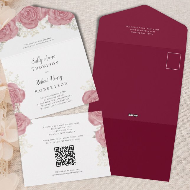 Elegant Burgunder Röd Blommig Brölloppsdesign (Burgundy floral all in one wedding invitation template.)