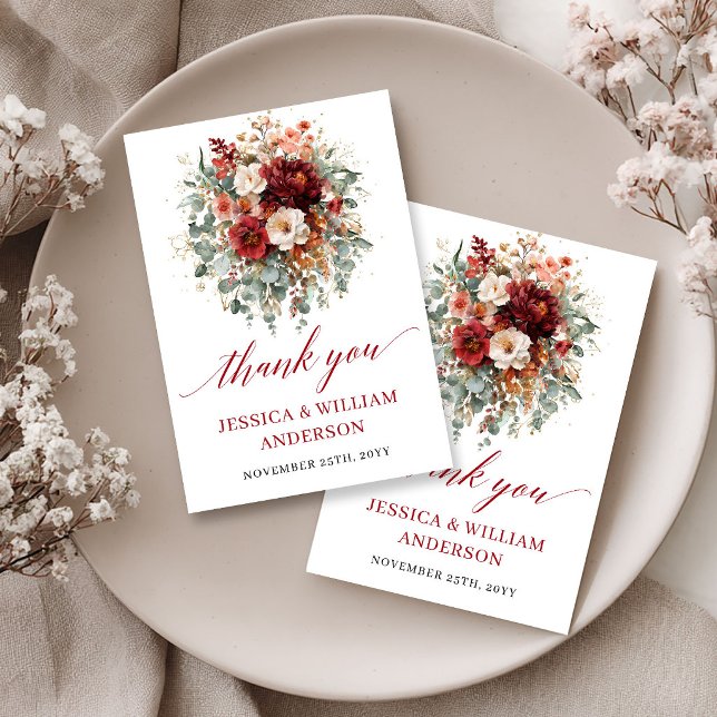 Elegant Burgunder Röd Blommig Höst Tacksamhetskort Tack Kort (Elegant Burgundy Floral Autumn Thank You Card

)