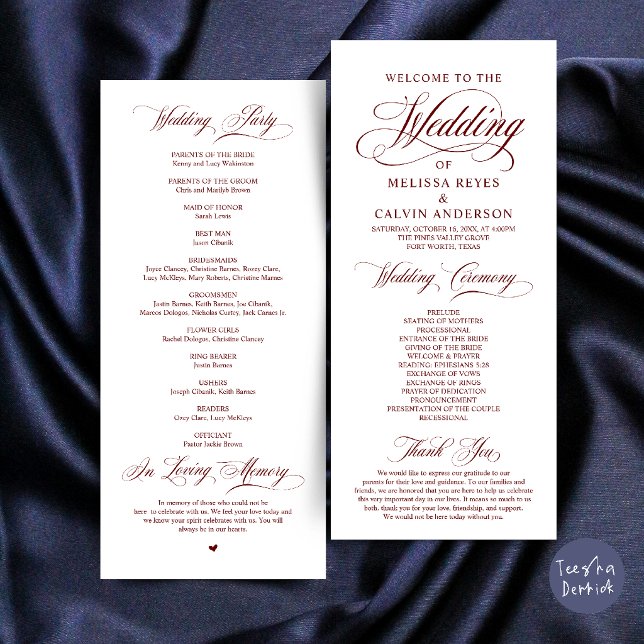 Elegant Burgunder Röd Bröllopsceremoni Program (Elegant Classic Burgundy Wine Red Script Wedding Ceremony Program Card)