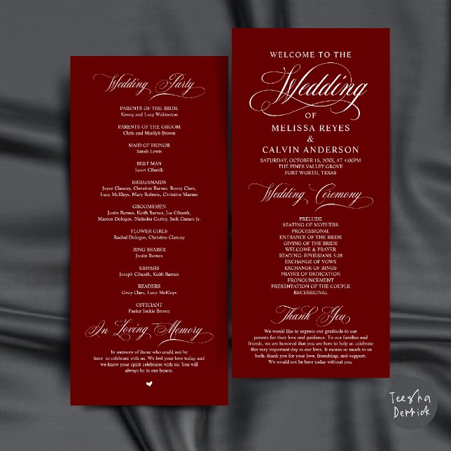 Elegant Burgunder Röd Bröllopsceremoni Program (Elegant Classic Burgundy Wine Red Script Wedding Ceremony Program Card)