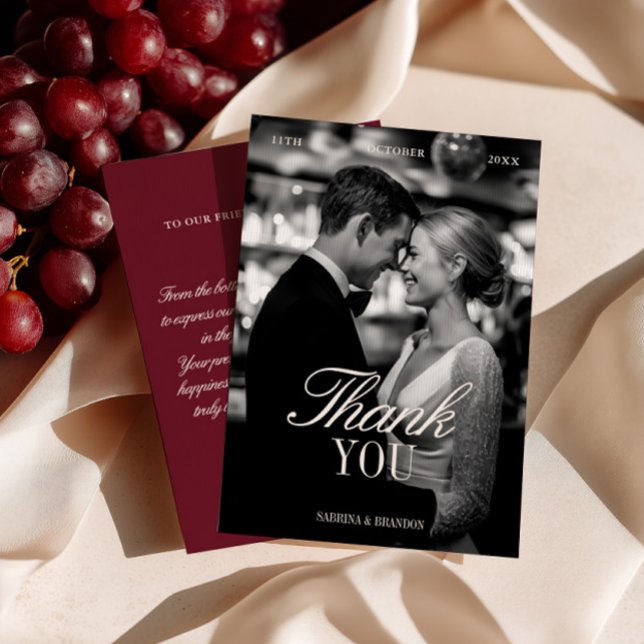 Elegant Burgunder Röd Bröllopsfoto Tackkort Inbjudningar (Elegant Burgundy Wedding Photo Thank You Card)