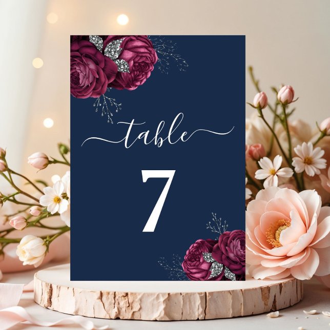 Elegant Burgunder Röd Marinblå Blommig Peonies Bordsnummer (Elegant Burgundy Red Navy Blue Floral Peonies Table Number)