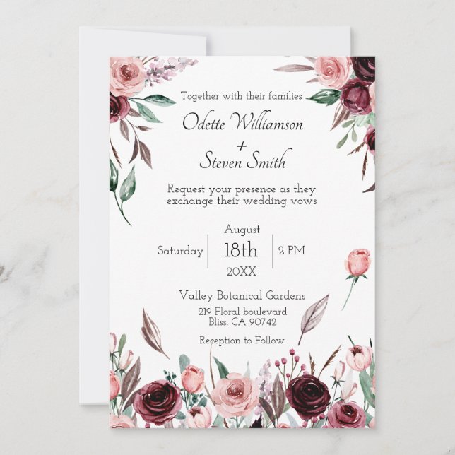 Elegant Burgunder Rosa Akvarell Blommig Bröllop Inbjudningar (Framsida)